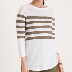 Chico’s New w Tag Striped 100% Linen Knit Top 3/4 Sleeve Large. White Green
